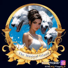 a woman in a white dress is surrounded by white wolves and the words the musical island