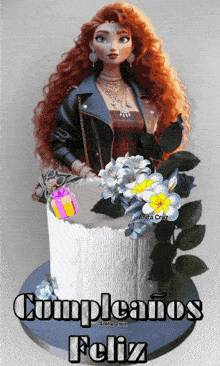 a birthday cake with a doll on it and the words cumpleanos feliz on the bottom