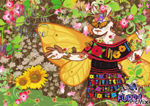 a drawing of a cat with butterfly wings is surrounded by flowers and butterflies and says " furry picmix "