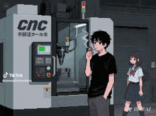 a pixel art of a man smoking a cigarette in front of a machine that says cnc
