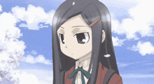 a cartoon girl with long black hair and a green bow tie