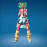 a girl with green hair and a red face is dancing in a video game