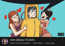 a cartoon of a man in a hazmat suit surrounded by two women says i am allergic to girls