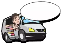 a cartoon of a man driving a van with a speech bubble behind him