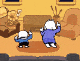 two cartoon characters are dancing in a living room with a fan in the background