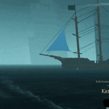 a pirate ship with a blue sail is in the ocean