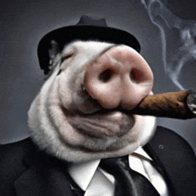 a pig is smoking a cigar in a suit and tie .