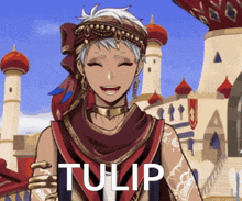 a cartoon character named tulip is smiling in front of a building