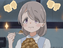 a girl with purple eyes is holding a spoon in her hand