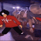 a cartoon character in a red hoodie is dancing in a crowd .