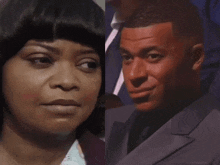 a close up of a woman 's face next to a man 's face