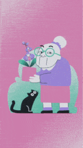 a cartoon of an elderly woman holding a potted plant