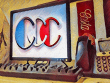 a painting of a dell computer with the word ccc on the screen