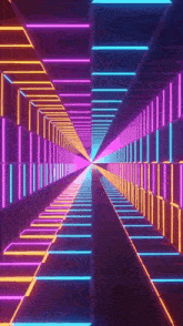 it looks like a tunnel with neon lights coming out of the end .