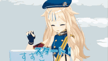 a cartoon girl with a blue hat is sitting in front of a laptop with japanese writing on it