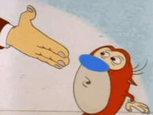 a cartoon character with a blue nose is being slapped by a hand