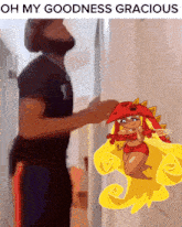 a man standing next to a cartoon character with the words oh my goodness gracious