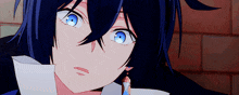 a close up of a blue haired anime character