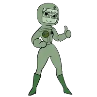 a cartoon drawing of a person in a green superhero suit giving a thumbs up