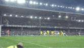 a soccer game is being played in a stadium that says good year on it