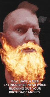 a man with a fire extinguisher on his beard