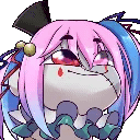 a cartoon character with pink hair and blue hair is making a sad face .