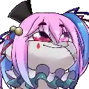 a cartoon character with pink hair and blue hair is making a sad face .