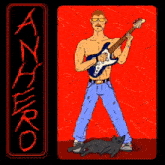 a cartoon of a shirtless man playing a guitar with a cat laying on the floor
