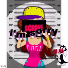 a cartoon of a girl covering her face with a sign that says sorry i 'm sorry