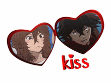 a couple of anime hearts with the word kiss on it