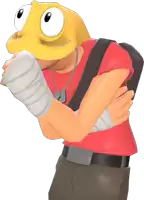 a cartoon character wearing a red shirt and yellow hat