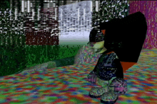 a cartoon character is sitting on a colorful surface with a waterfall in the background