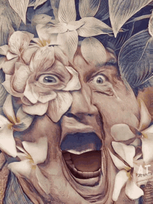 a painting of a woman 's face with flowers and leaves on it