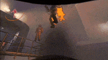 a computer generated image of a man hanging from a rope in a dark room