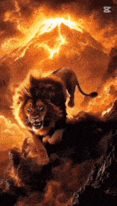 a lion is standing on a rock in front of a volcano .