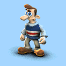 a cartoon character wearing a blue and white sweater