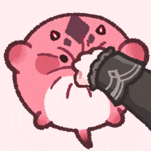 a cartoon drawing of a pink animal with red eyes and a black glove