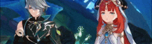 a couple of anime characters standing next to each other .