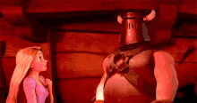 rapunzel and a knight from tangled are looking at each other .