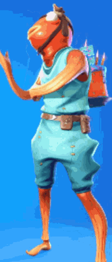a cartoon character with a fish head on his back