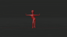 a 3d model of a red man with his arms outstretched in a dark room