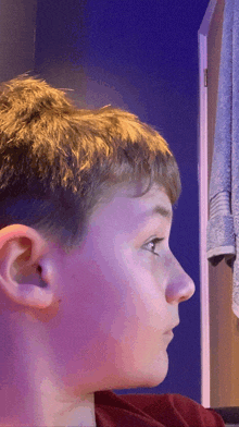 a close up of a young boy 's face with a blue background