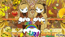 a picture of two girls with a rainbow and the words friday on it
