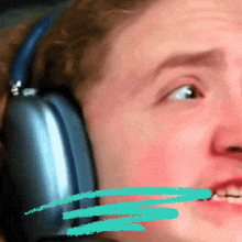 a close up of a man wearing headphones with a green brush stroke