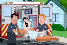 a cartoon of a man in an ambulance being pushed by two paramedics