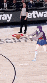 a girl with purple hair is playing basketball on a court with a referee watching