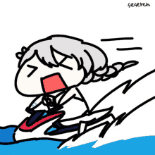 a drawing of a girl riding a jet ski with the name segeren written on the bottom