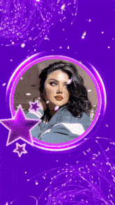 a woman is in a purple circle with purple stars