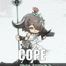 a girl with a rose on her head is holding a stick and the word cope is on the bottom