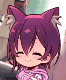 a girl with cat ears is smiling and wearing a purple shirt